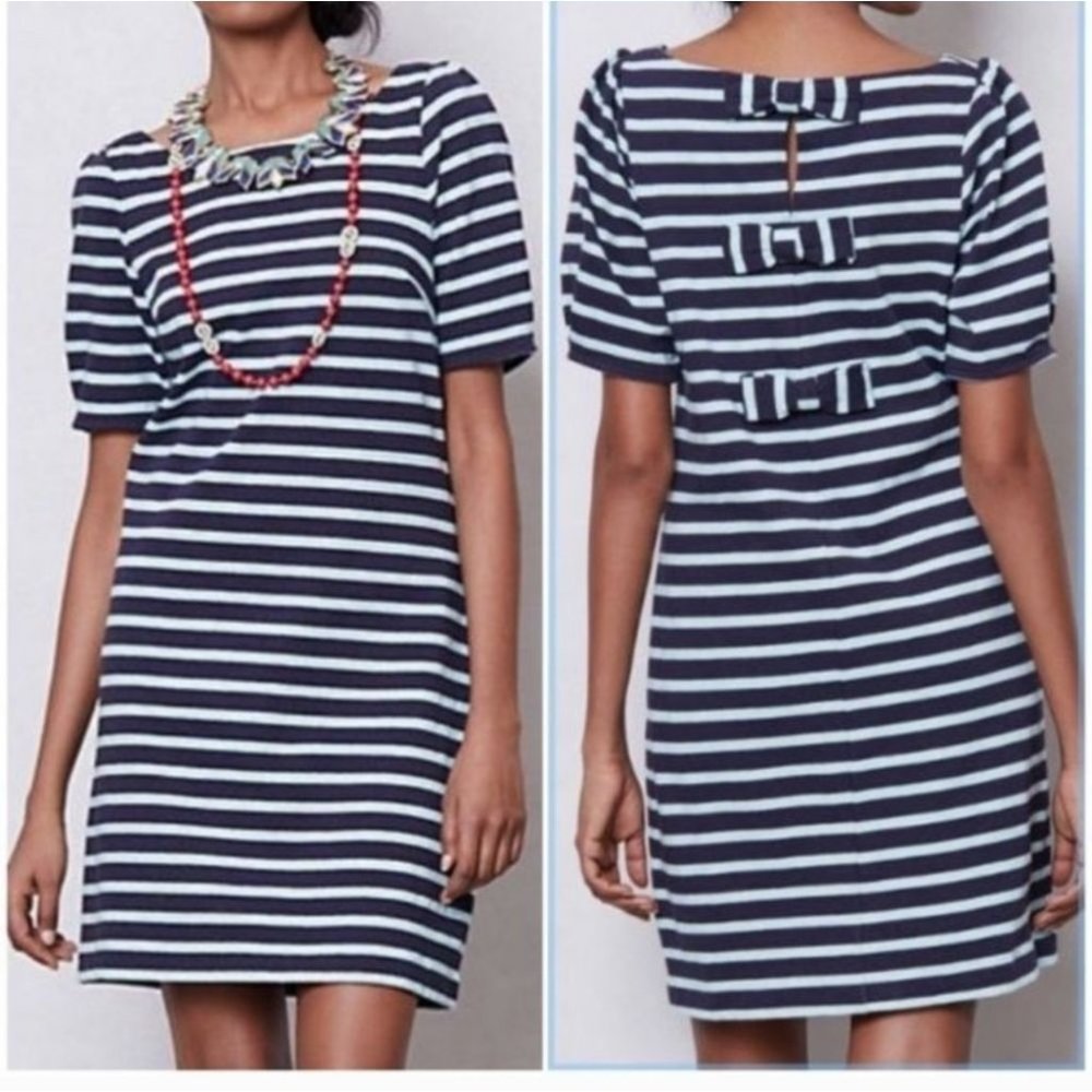 ANTHRO | Postage stamp Bow back striped dress navy blue sz L